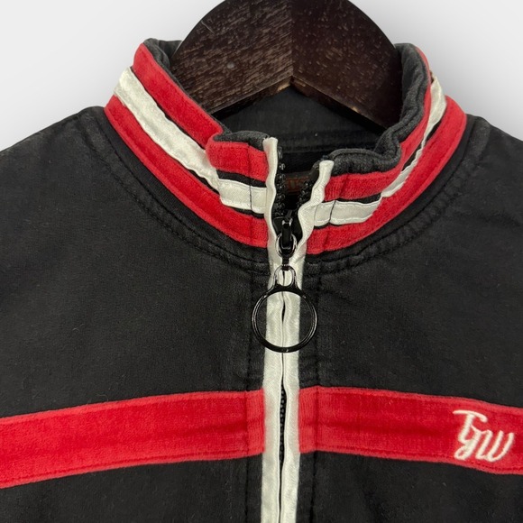 Vintage Y2K Track Jacket Black Red Striped Velour Trim Zip Front Ring Pull Small - Picture 4 of 9